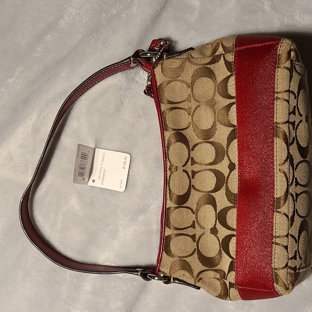 Signature Stripe Top Handle Pouch, Khaki & Red Fabric Leather Hobo Bag w/Wallet!